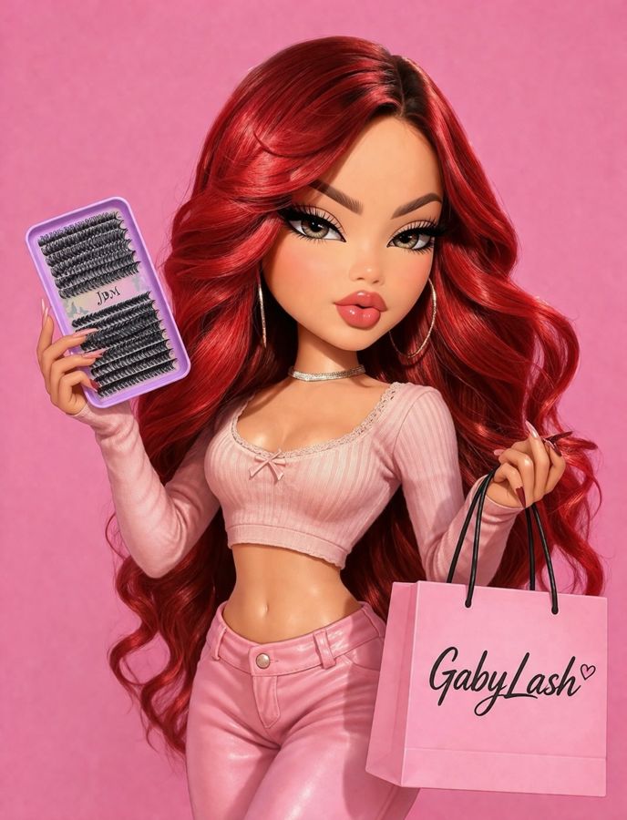 Ilustración de la marca GabyLash con un libro de pestañas